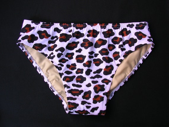 Mens White Leopard Print Brief Swimsuit in S M L XL by Harajuku