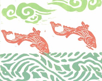 LINO PRINT - Flying Koi 28 - Monoprint - Children Wall Art - Relief Print