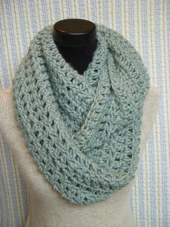 Seafom Infinity Scarf Pale Green Crochet Cowl Aqua Chunky