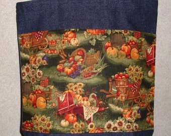 New Medium Handmade Fall Autumn Harvest Wheelbarrow Farm Denim Tote Bag