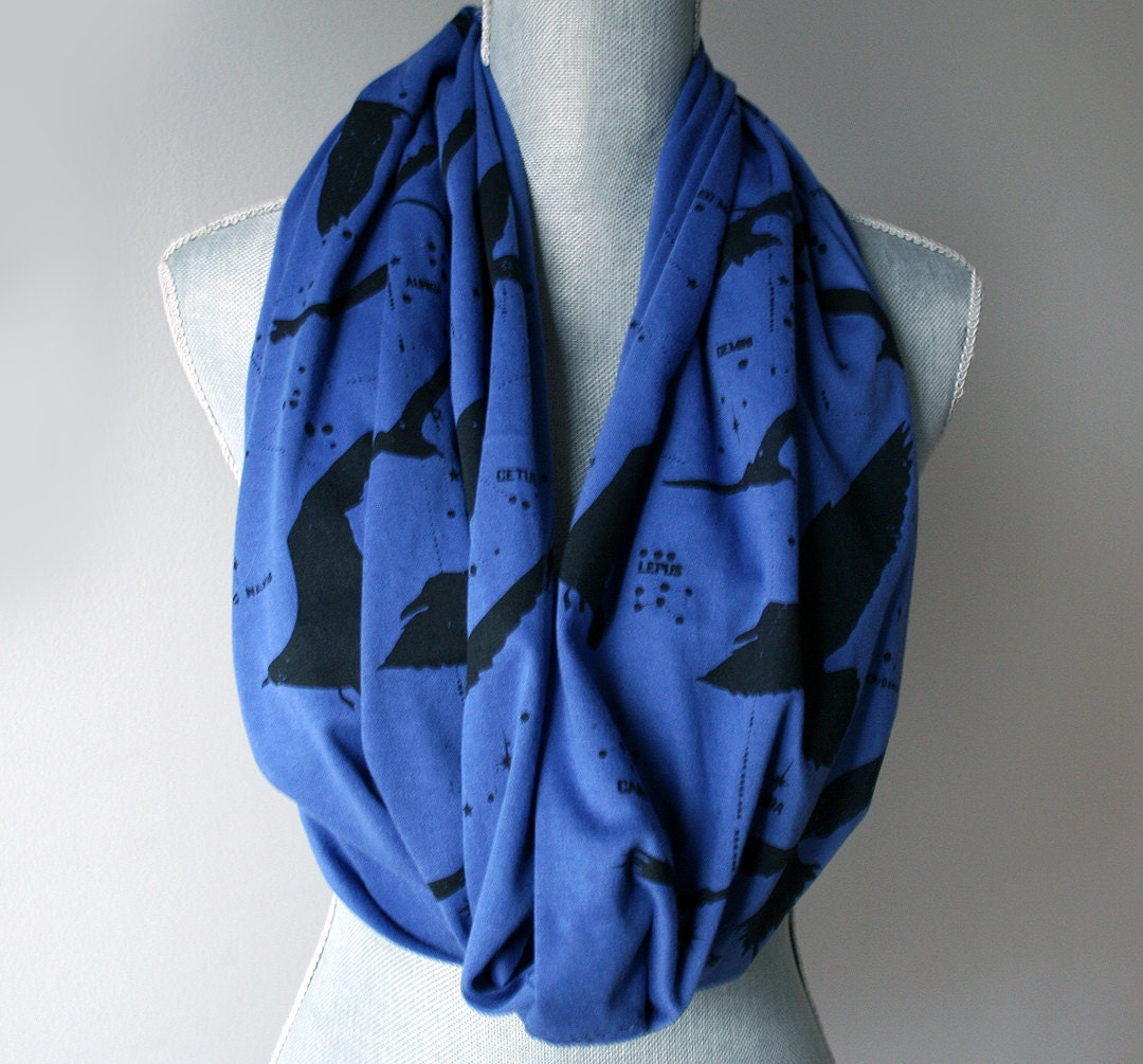 Royal Blue Long Infinity Jersey Scarf with Night BIrds