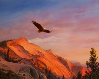 Oil Painting, Original American Bald Eagle over Mountains Landscape by ...