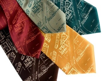 Detroit map necktie, "Eastern Market" tie. Made in Michigan. Silkscreen design. Your choice of colors. Choose standard or narrow width.