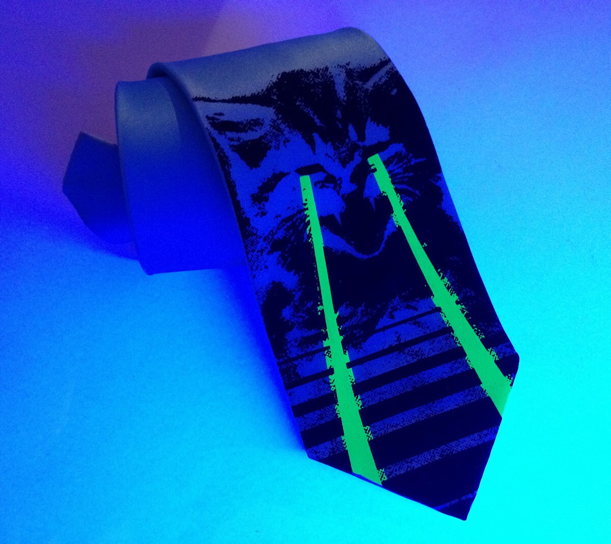 Raving Laser Cat SILK tie. Cat lovers green glowing space