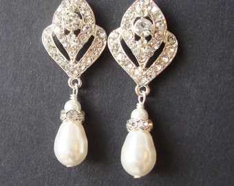 Wedding Jewelry, Art Deco Bridal Earrings, Pearl Wedding Earrings, Vintage Style Bridal Jewelry, Rhinestone Earrings, IVANA