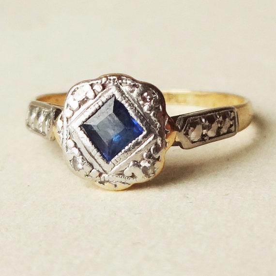 Antique Square Sapphire and Diamond Ring 18k Gold by luxedeluxe