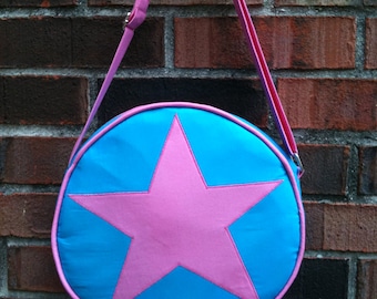 Ramona Flowers from Scott Pilgrim Star bag, subspace suitcase with adjustable strap, bright pink, aqua blue