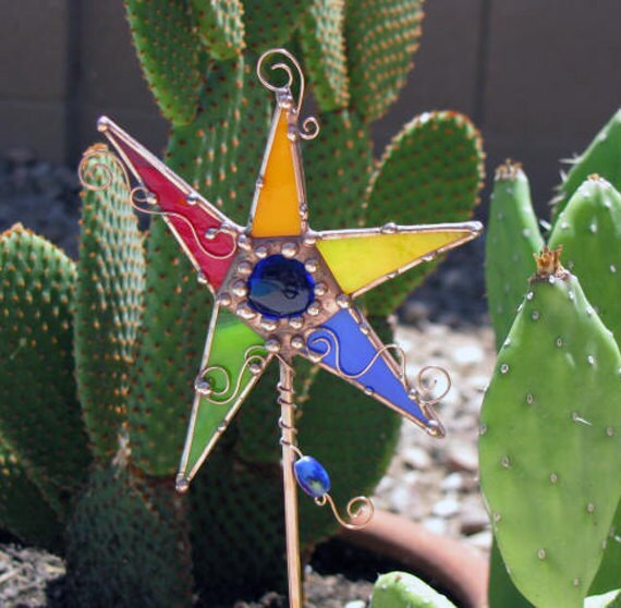 Stained Glass Star Plant Stake Garden Art Copper Wire Primary