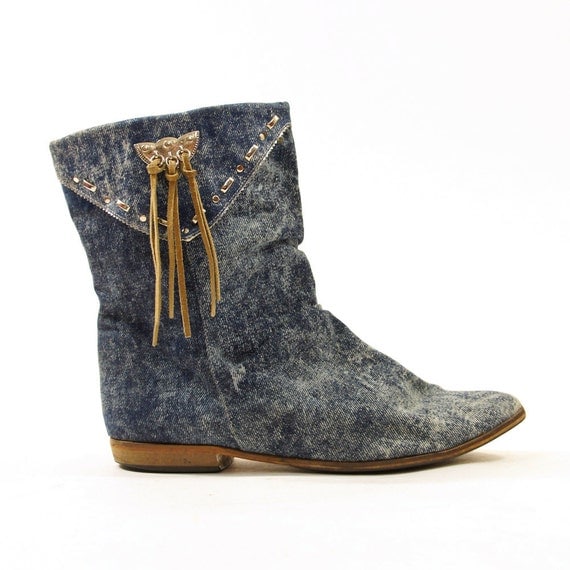 80s Acid Wash Denim Cowboy Boots with Fringe Trim