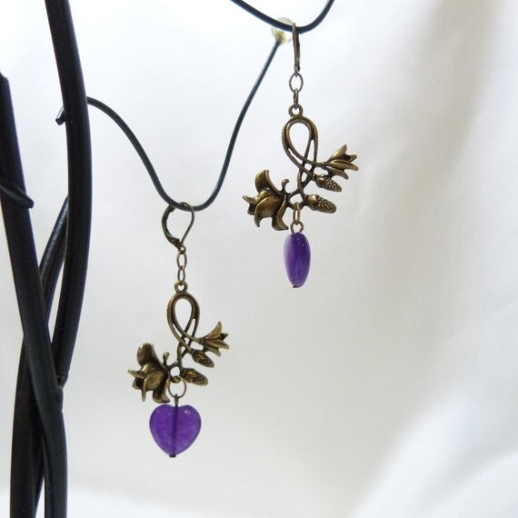 Amethyst Hearts Bronze Earrings
