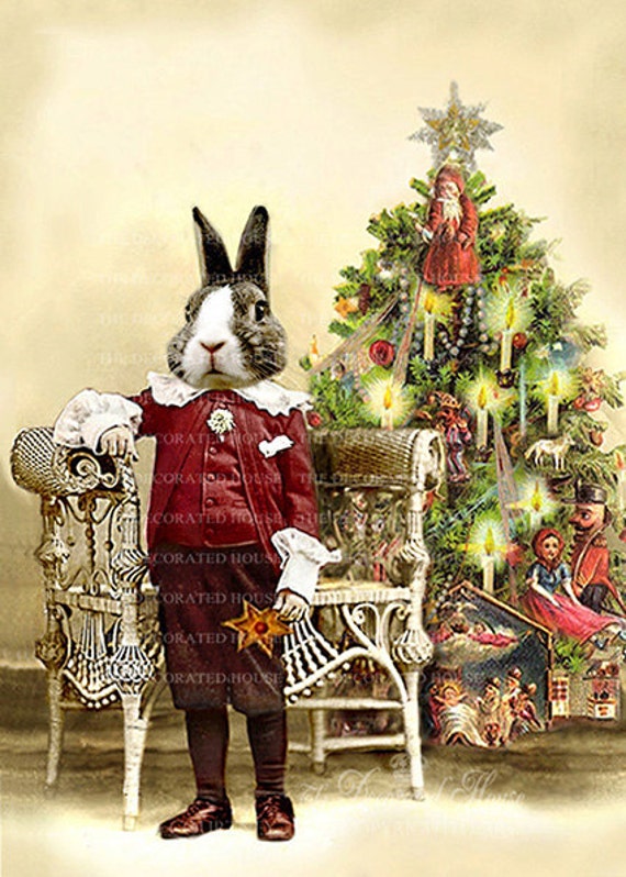 Items similar to Christmas Art Beau Bunny Rabbit Anthropomorphic