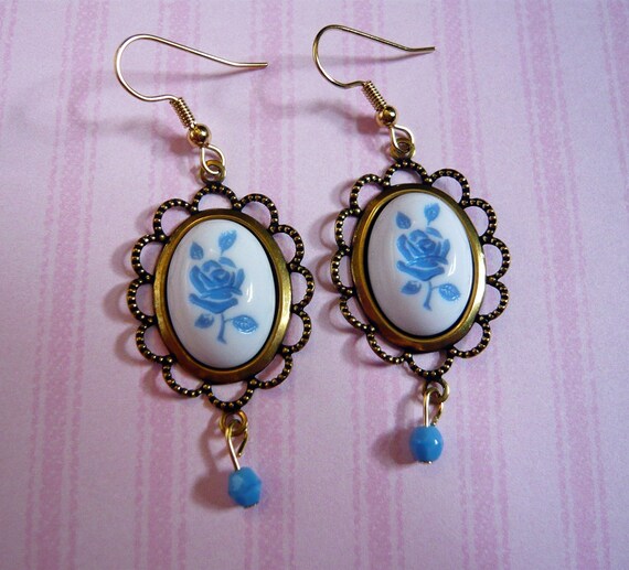 Romantic Blue Rose Cameo Earrings by MaruMaru on Etsy