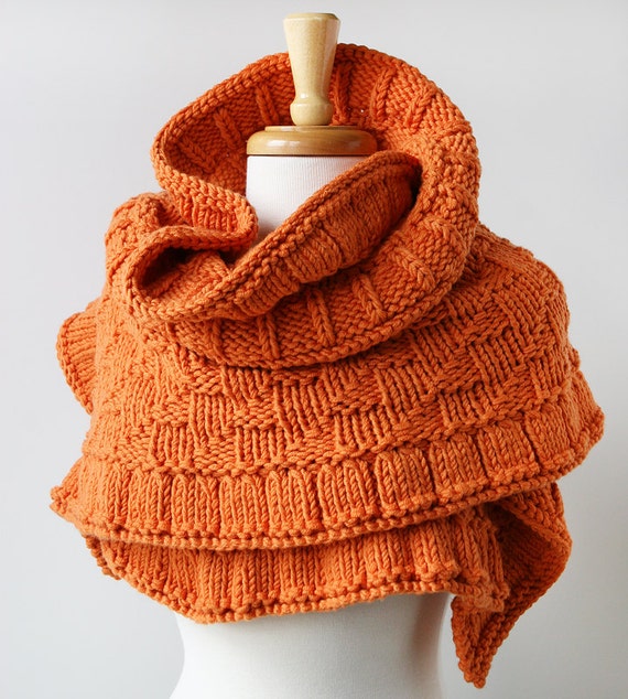 Rococo Knit Shawl / Wrap - Pumpkin Orange - Merino Wool Knit Oversized Scarf - Fall Winter Fashion