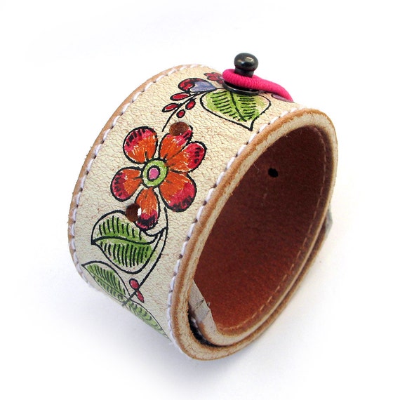 Sweet Flower Leather Cuff Bracelet with Elastic Closure