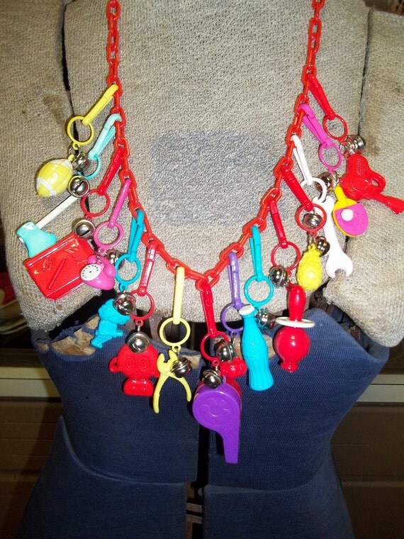 Vintage Retro 1980's Plastic Charm Necklace loaded with 15