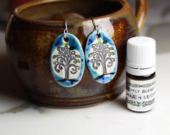 Sage and Cedar Scented Ceramic TREE Earrings with Sage and Cedar Essential Oil