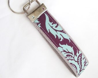Wristlet Key Fob Key Chain in Aviary II Damask in Plum - Fabric Keychain
