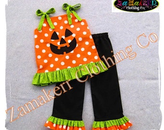 Custom Boutique Clothing Girl Halloween Pant Outfit Set Fall Pumpkin Face Jackolantern Pageant 3 6 9 12 18 24 month size 2T 3T 4T 5T 6 7 8