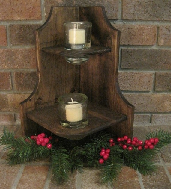 Items similar to Rustic Wood Candle Holder Shelf Stand Vintage Glass