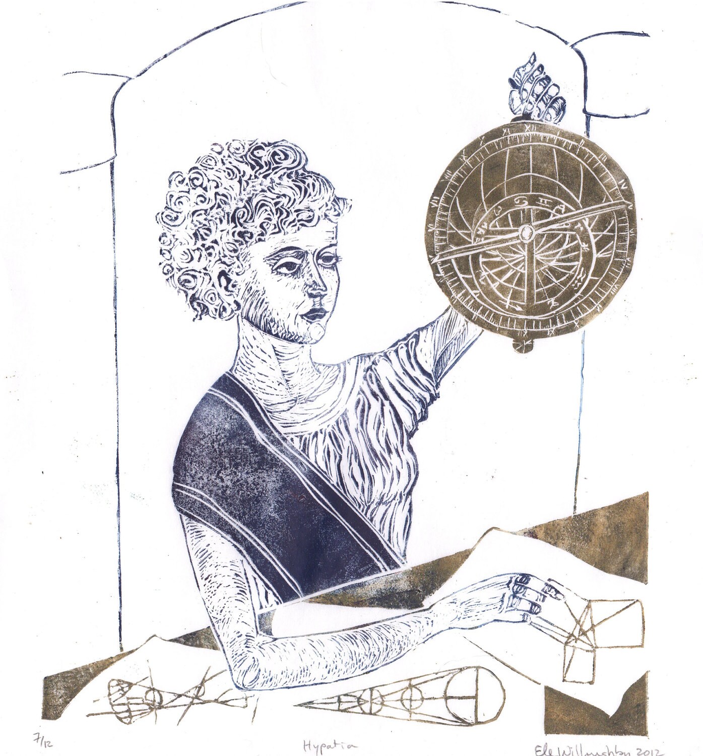Linocut History of Math and Astronomy Hypatia Ancient