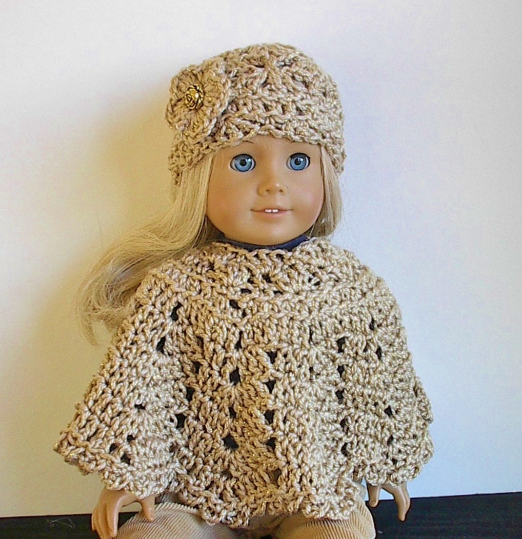 American Girl Doll Clothes Crocheted Poncho Set in Tan for 18