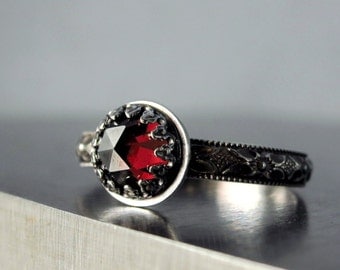 Garnet ring, Sterling silver, red gemstone, January birthstone, Medieval style