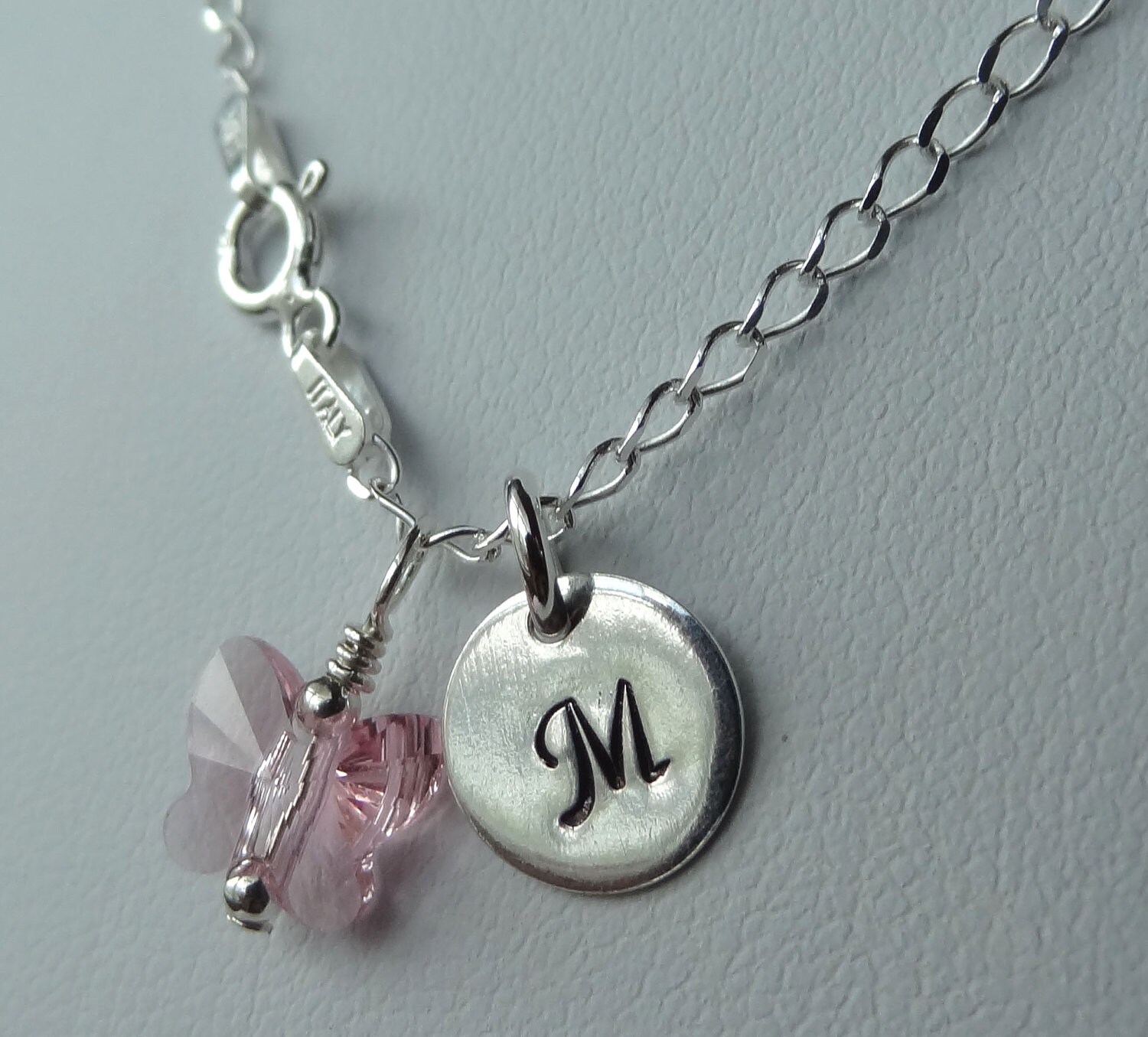 Monogram Sterling Silver Baby Children Initial Pink Butterfly