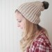 Oatmeal slouchy hat - real fur pompom