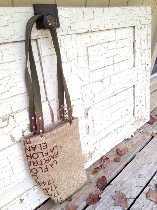 Recycled Burlap Tote Bag with recycled webbing handles and