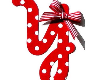 Red Polka Dot Cursive Letter...Fabric Iron On Applique...Bow Included...You Choose Your Own Letter