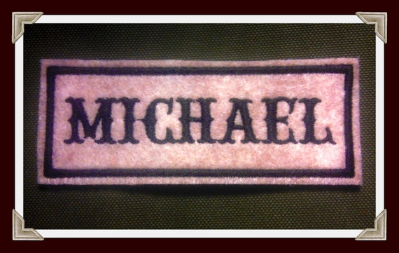 Embroidered felt Name Patch tan felt with black stitching