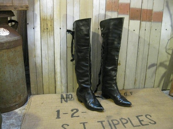Tall Black Boots Lace Corset OTK Pirate Leather by funkomavintage