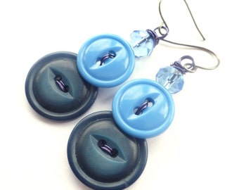 Ombre Blue Button Dangle Earrings