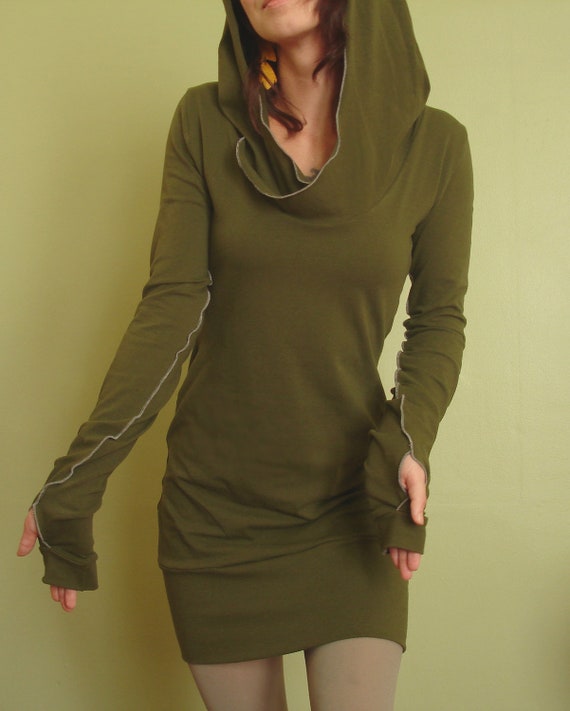 hooded tunic dress extra long sleeves w/thumb holes by joclothing