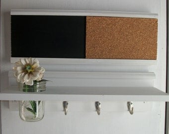 Wood Wall Shelf Cork & Blackboard Bulletin Board Message Center Wedding White French Country