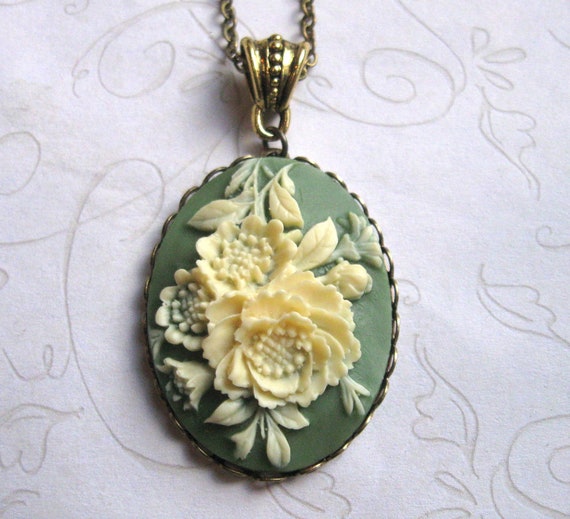 Green Cameo Necklace long chain sage ivory by botanicalbird