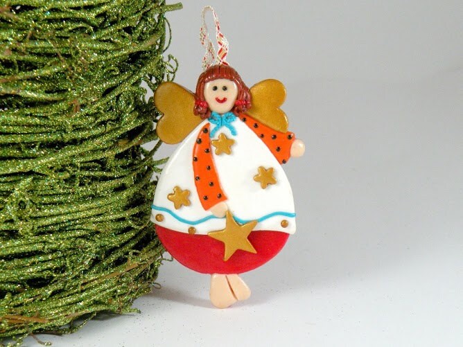 Angel Ornament Decor, Christmas Tree Ornament, Red and White Angel with Gold Star, Baby Girl Decoration