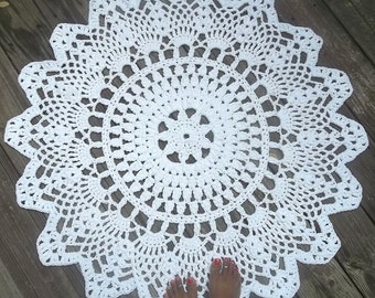 White Cotton Crochet Doily Rug in 1M 100CM 39.37" Circle Lacy Pattern Non Skid