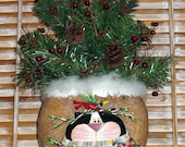 Hand Painted Canteen Gourd Christmas Cat Wall or Door Hanging-Renee Mullins-Gourd Art-Christmas Decoration-Home Decor-Red Birds-ofg