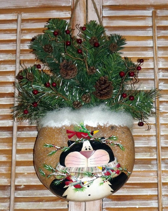 hand painted canteen gourd christmas cat wall or door hand painted canteen gourd christmas cat wall or door
