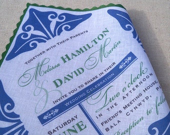 Art deco wedding invitation handkerchief in royal blue and emerald green - set of 10