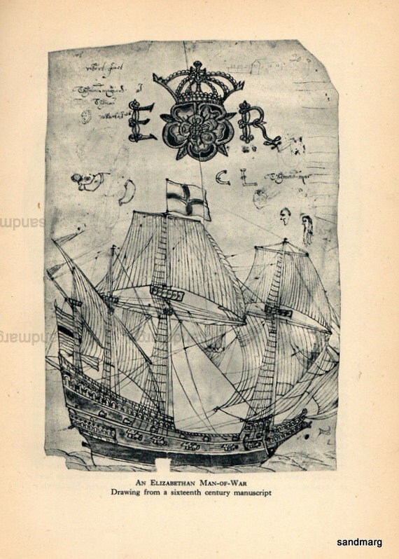 16th Century Elizabethan Man of War Pirate Ship 1946 Reprint