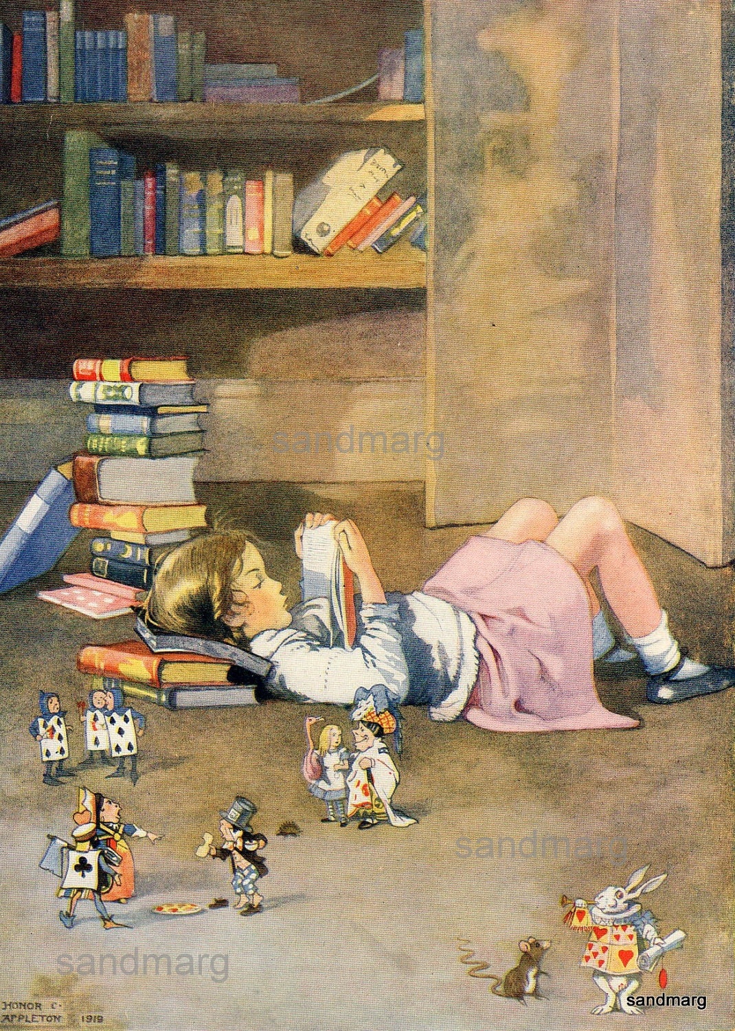 Vintage 1919 Storybook Illustration Reading Books Alice in