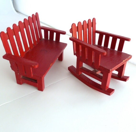 SALE Miniature rocking chair and bench red folk art