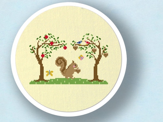Cute Squirrel Amongst Trees. Cross Stitch PDF Pattern