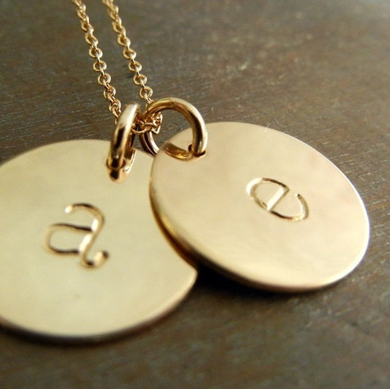 Double Gold Initial Necklace, Two 14K gf (14-karat gold fill) Half-Inch Lowercase Letter Charms ...