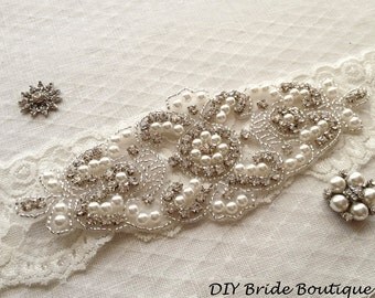 Rhinestone applique, pearl applique, wedding sash applique, beaded patch for DIY wedding sash, bridal accessories