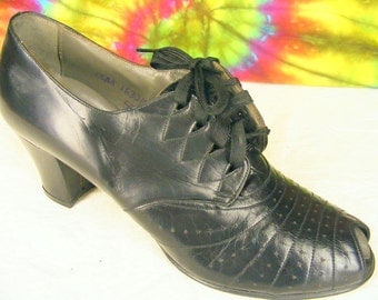 6-6.5 vintage 40's lace-up peep-toe oxfords ENNA JETTICS black leather granny shoes NOS