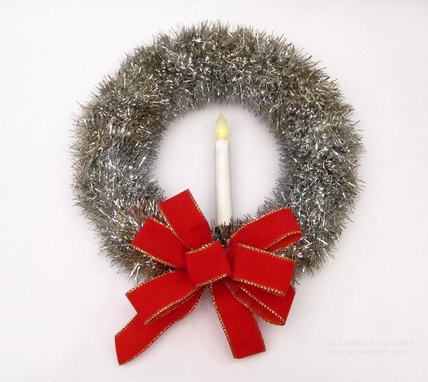 14 Inch Vintage Inspired Silver Tinsel Christmas Wreath with