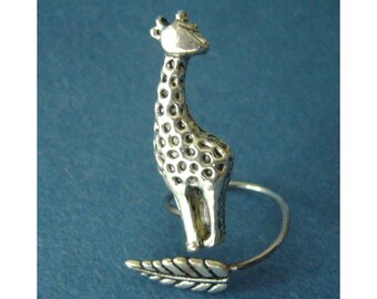 giraffe ring with a leaf wrap ring, adjustable ring, animal ring, silver ring, statement ring